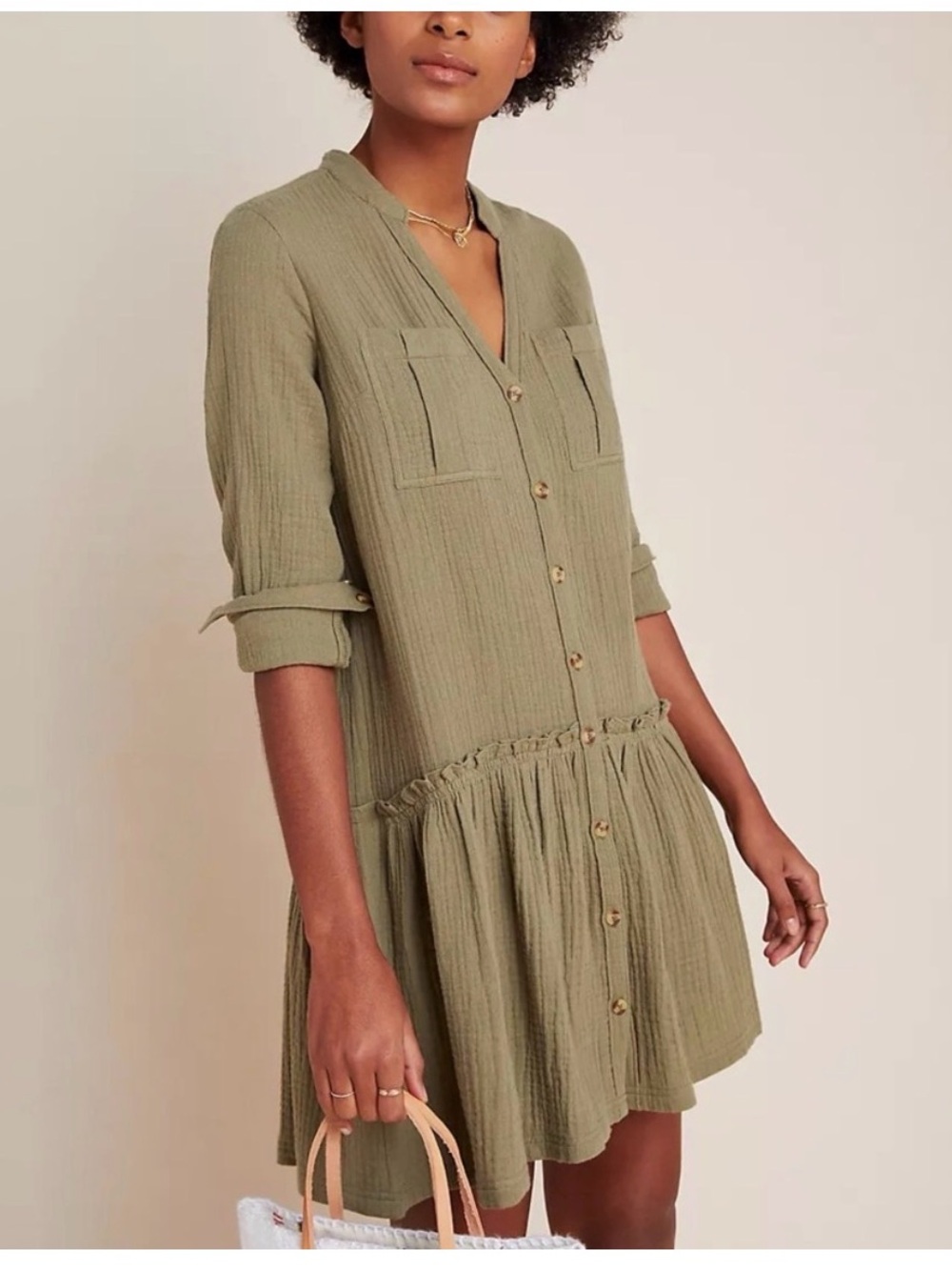 Anthropologie Tunic Gauzy Button Green Mini Dress cotton sz 8 lagenlook boho